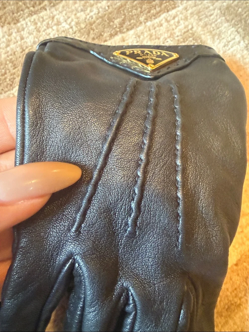 Prada Black Leather Gloves with Gold Triangle Logo